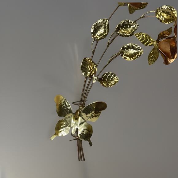 Vintage Brass Copper Rose Wall Art Sculpture 19" with Butterfly Floral Metal MCM - Picture 3 of 6